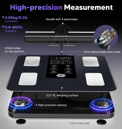 GE Smart Scale for Body Weight: 8-Electrode Digital Bathroom Scale for Weight Fat BMI Muscle Mass Full Body Composition Analyzer 50 Measurements Bluetooth Highly Accurate Weighing Machine 400lb Black