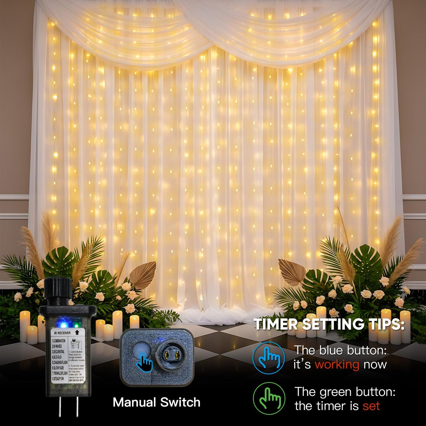 suddus Tangle-Free Curtain Lights,400 LED Connectable Hanging Lights with Hook, Waterproof Window Lights for Christmas, Dorm, Wall, Backdrop, Wedding, Party, Birthday Decor, Warm White