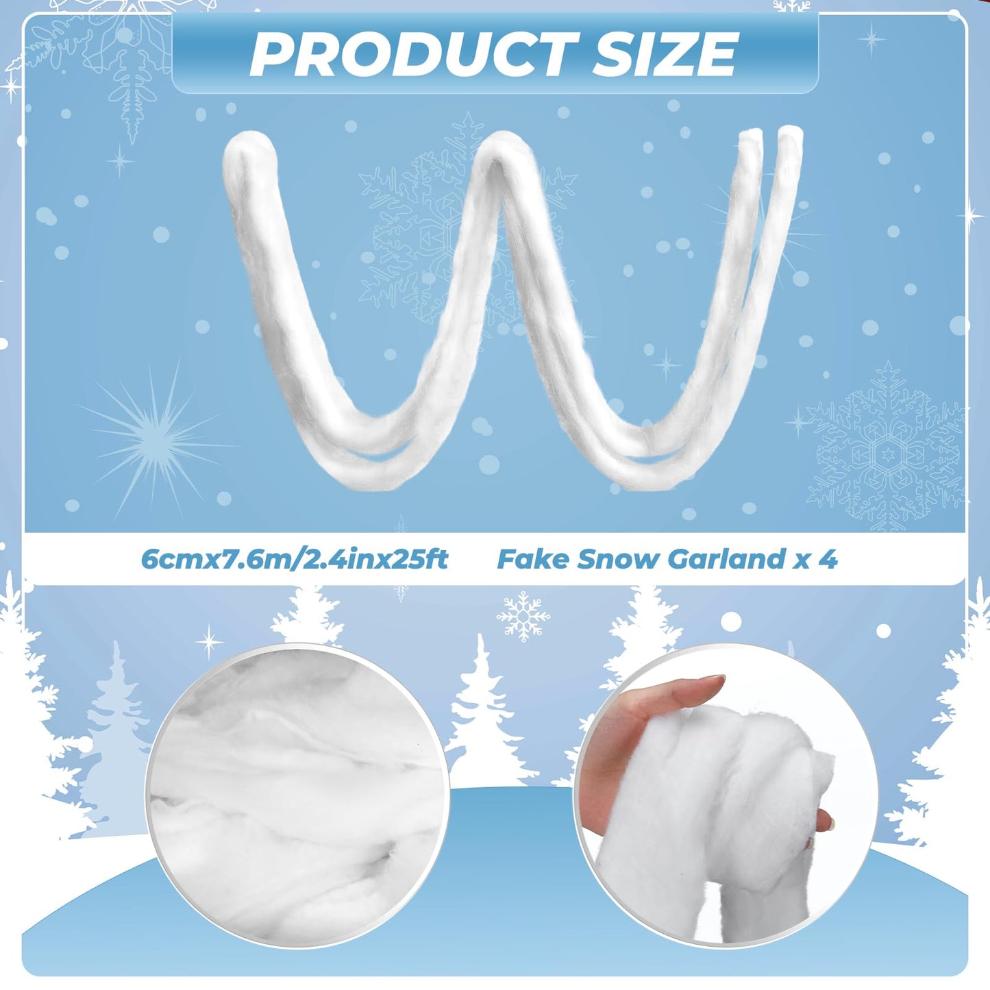 Tigeen 4 Pcs 100 ft Christmas Fake Snow Garland White Christmas Tree Decoration Cotton Artificial Snow Fluff Garland Winter Decor for Xmas Decoration Winter Village Party Indoor Home Decor