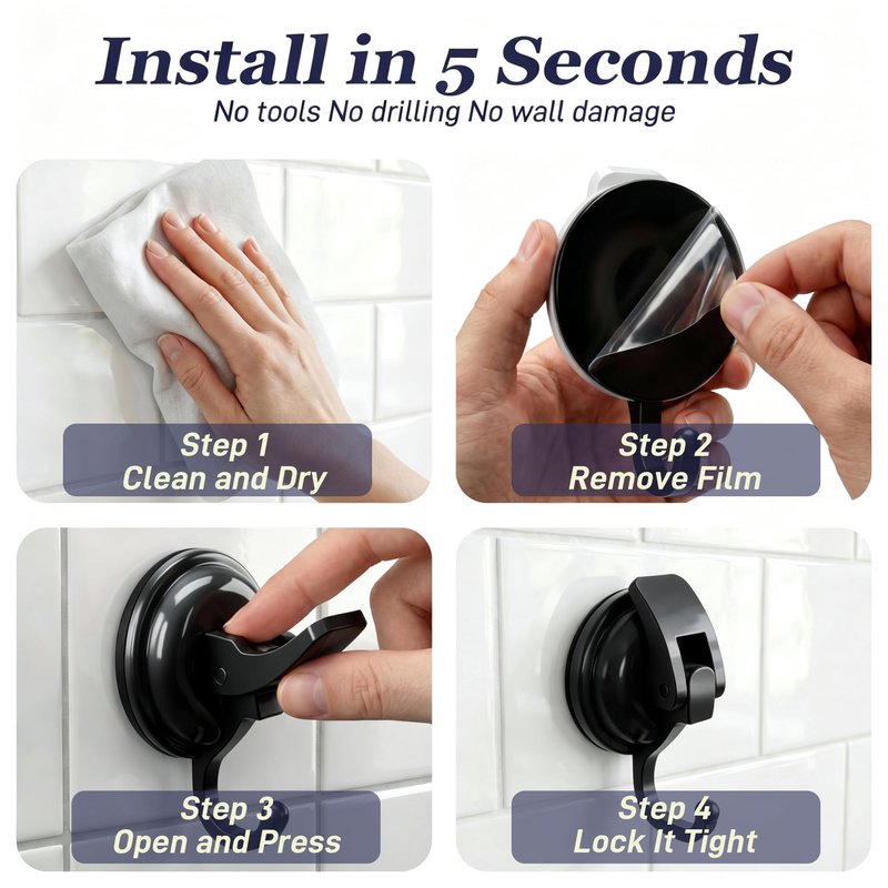 SOCONT Heavy Duty Vacuum Suction Cup Hooks, Matte Black Plated Polished Super Suction for Kitchen Bathroom, 2 Pack