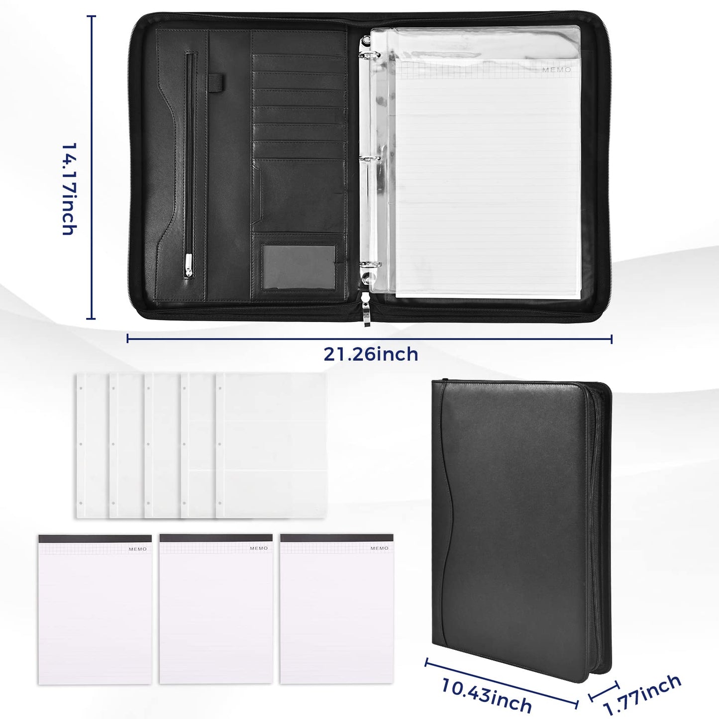 Sbrinnaliao 3-Ring Padfolio Portfolio Binder Organizer,PU Leather Folder Binder Business Planner Notebook Zippered Portfolio for Women/Men with Document Sleeve,Letter/A4 Size Clipboard