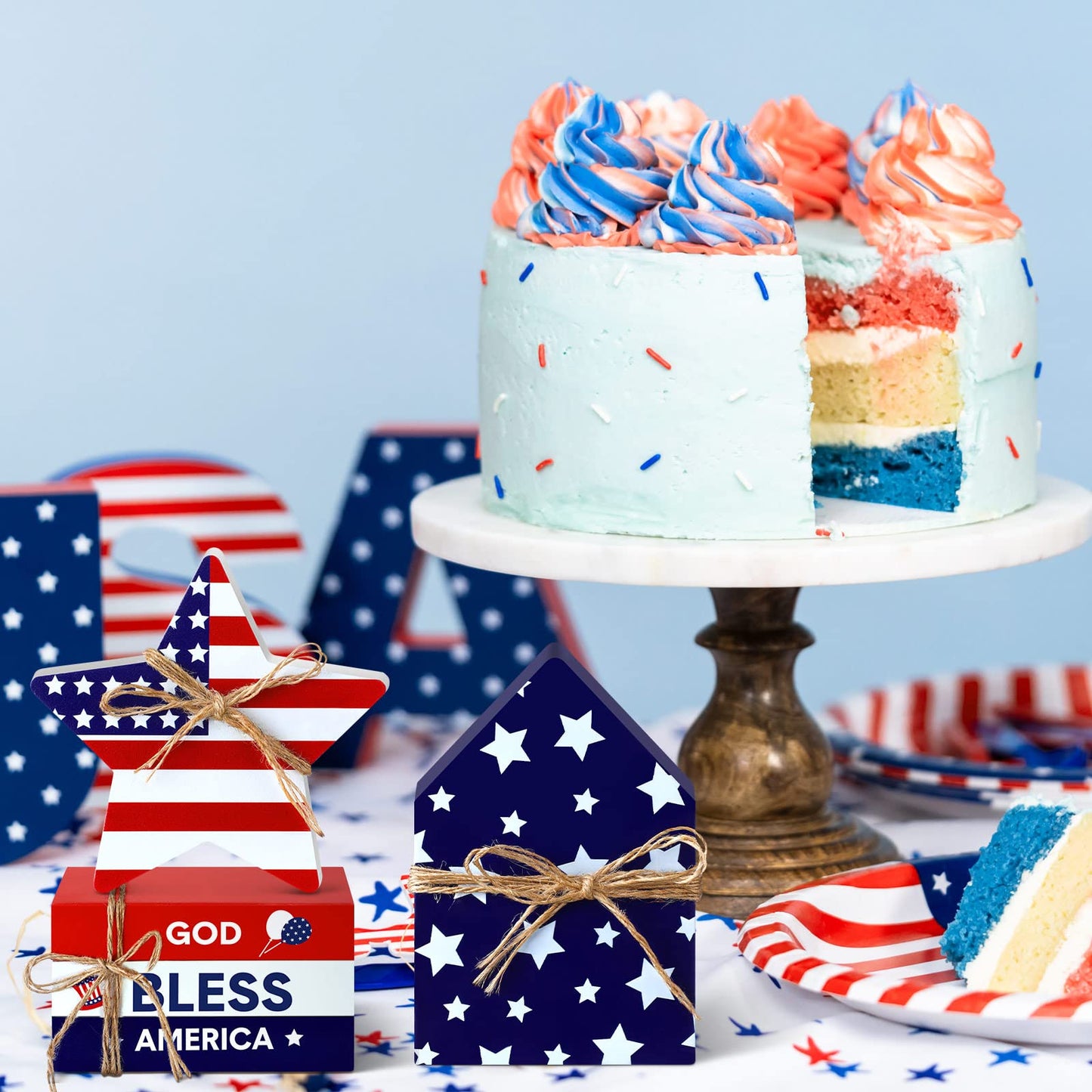 Kigley 8 Pcs 4th of July Table Decorations Wooden Patriotic Decorations 4th of July Tiered Tray Decor Set Faux Book Stack Firework Centerpieces Independence Day Tabletop for 250th Anniversary Home