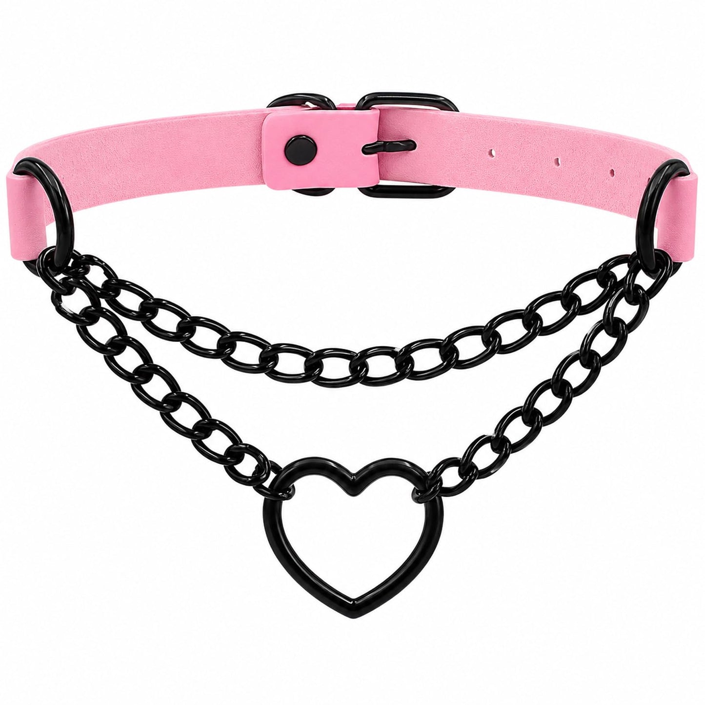 TIVMIK Punk Heart Shape Collar Necklace Leather Gothic Collar with Dangling Heart-Shaped Chain Cute Harajuku Style Women's Necklace Pink