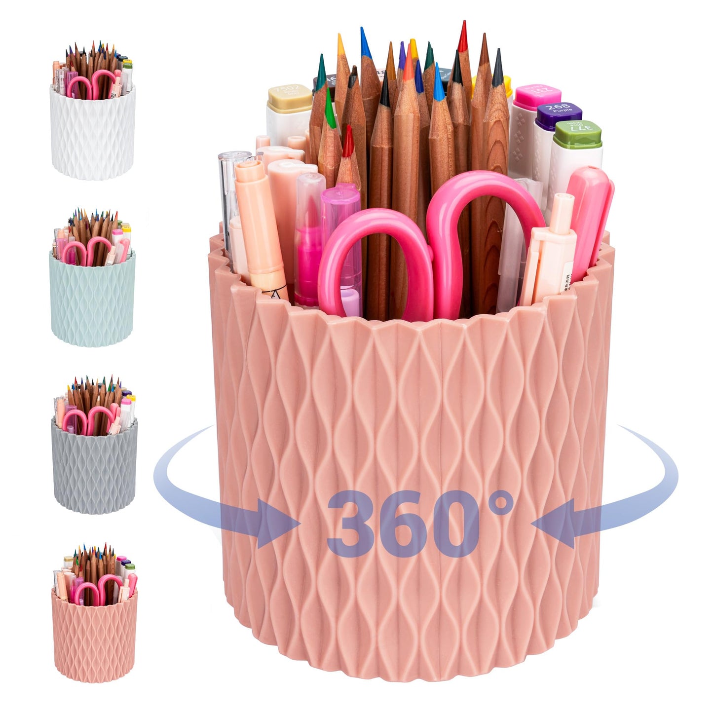 4Johor Pencil Holder - 360° Rotation, 5 Slot Desk Supplies For Women Office Aesthetic. Pencil Holder For Office&School, Desk Accessories(Pink)