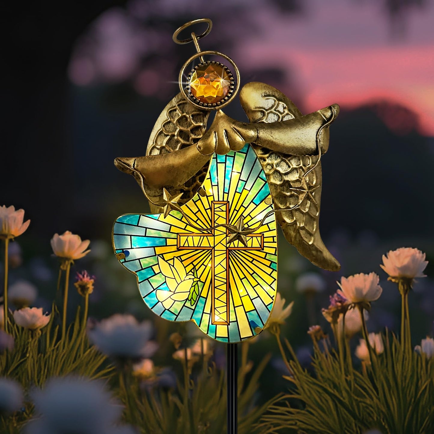Hokfirm Solar Cross for Cemetery Grave,Metal Angel Garden Stake Pathway Light for Yard Patio Cemetery,Solar Angel Garden Decor Statue for Outside,Memorial Gifts for Women