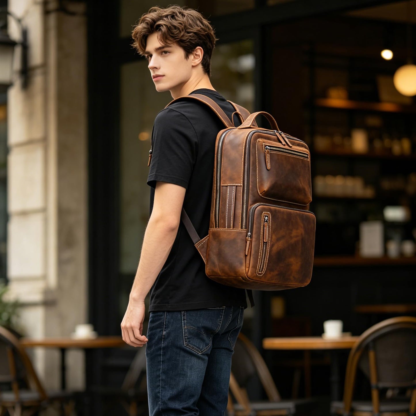 JulBean Full Grain Leather 15.6 Laptop Backpack for Men Work Commute Casual Daypack