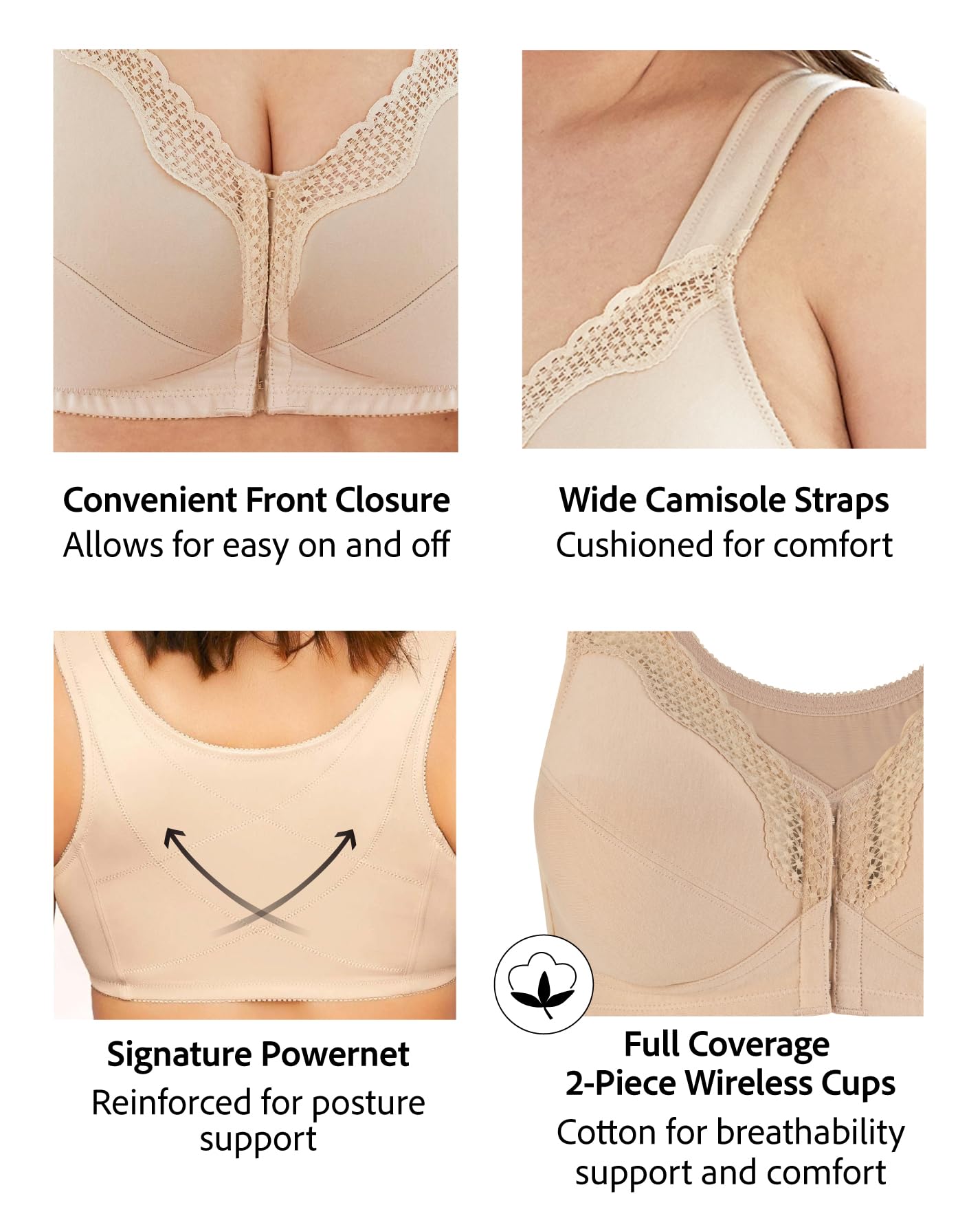 Exquisite Form 5100531 Women's Fully Wireless Cotton Back & Posture Support Bra with Front Closure & Lace White