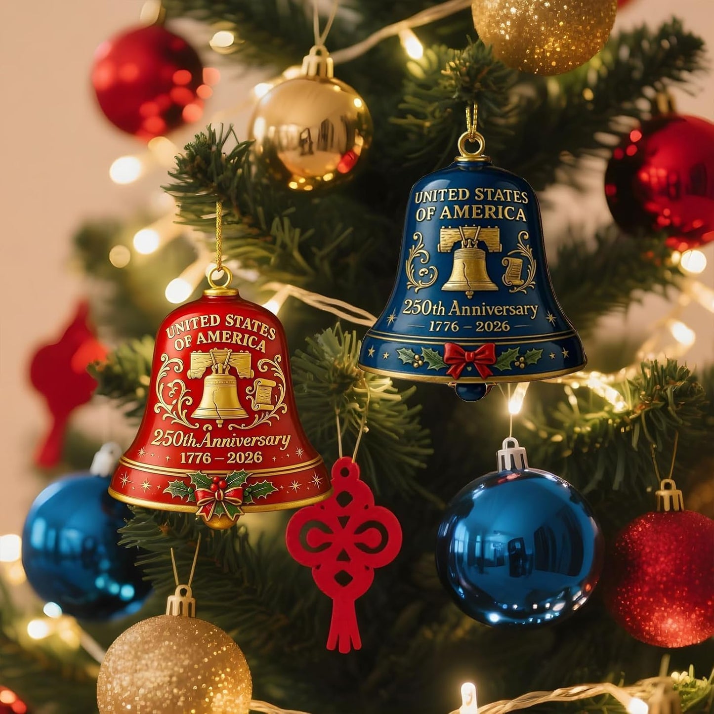4pc 250th Anniversary USA Bell Ornament for 4th of July Decorations, 2D Acrylic 250 Anniversary Merchandise, America 250th Birthday Gifts, 250th Patriotic Decorations for Holiday Ornament Gift Bulk