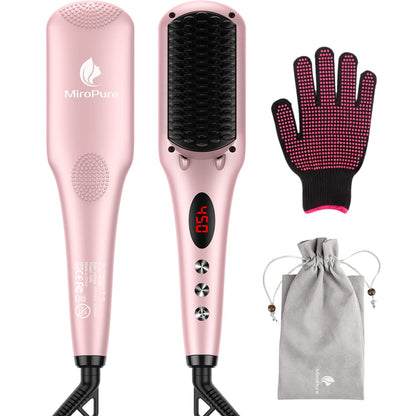 Enhanced Ceramic Hair Straightener Brush by MiroPure, 2-in-1 Ionic Straightening Brush with Anti-Scald Feature, Auto Temperature Lock & Auto-Off Function (Black)