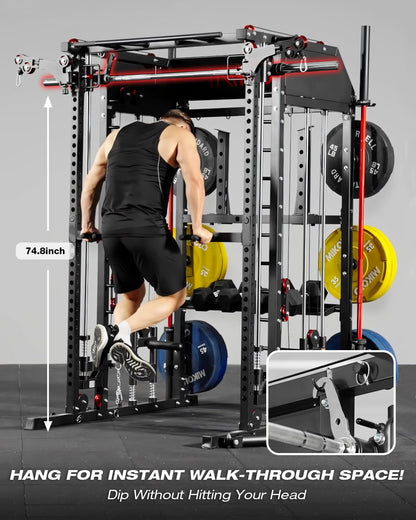Mikolo Smith Machine, Multi-Function Power Cage with Dual Pulley System, Vertical Leg Press Attachment, Squat Rack Power Rack with More Training Attachment for Home Gym (M10 with Pivot Arm)