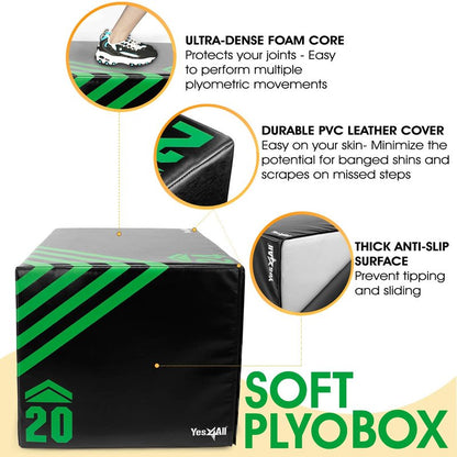 Yes4All 3 in 1 Foam Plyometric Jump Box - Jump Training & Conditioning - Green, A. 30" x 24" x 20" - 16 lbs