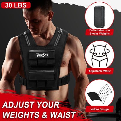 TB3C Adjustable Weighted Vest Men & Women, 30lbs with Reflective Stripe, Workout Vest for Home Gym, Cardio, Strength Training & Weight Loss