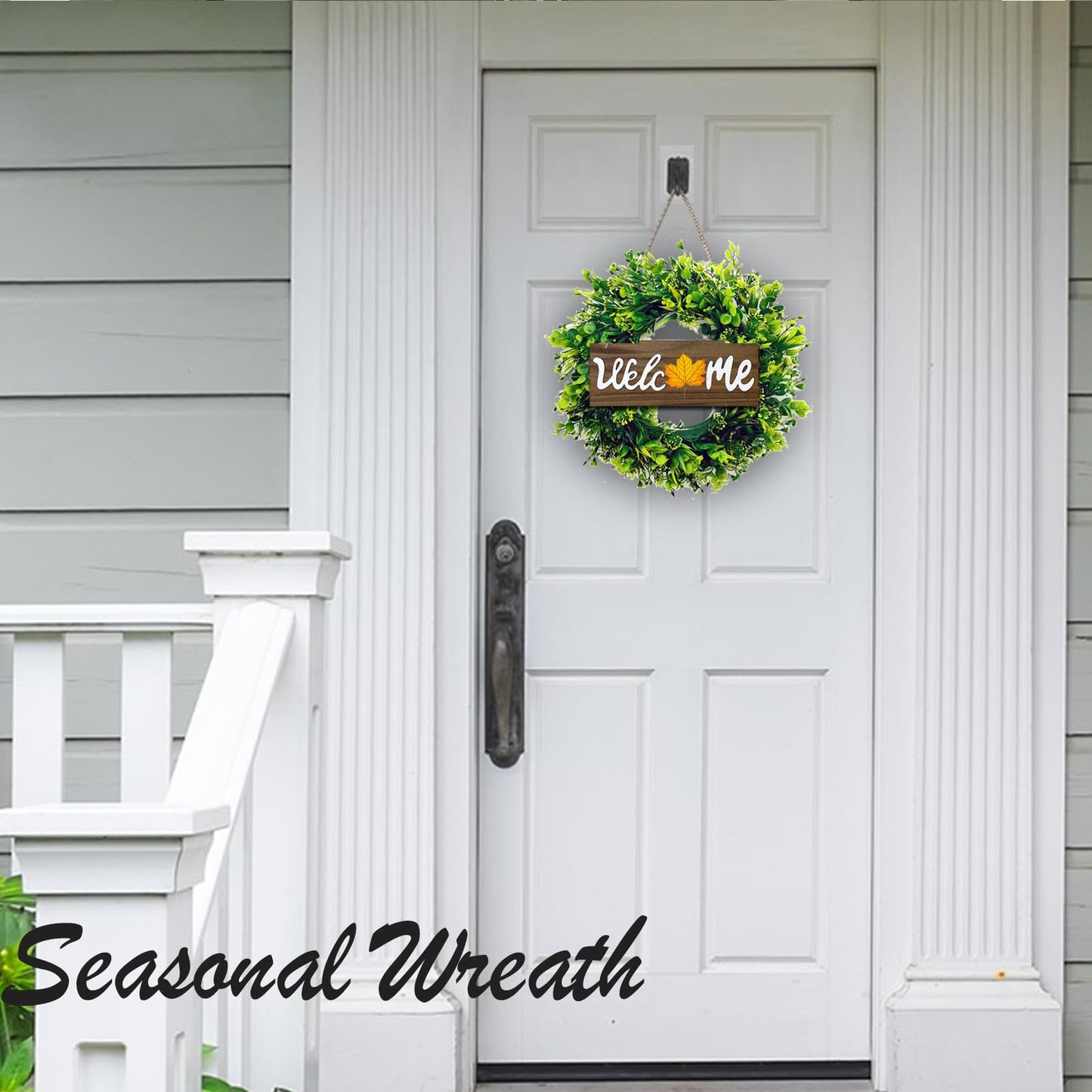 Artificial Boxwood Wreaths for Front Door, 16" Spring Summer Green Door Wreath with Welcome Sign for Holidays Wall Window Porch Farmhouse Decor Housewarming Gift