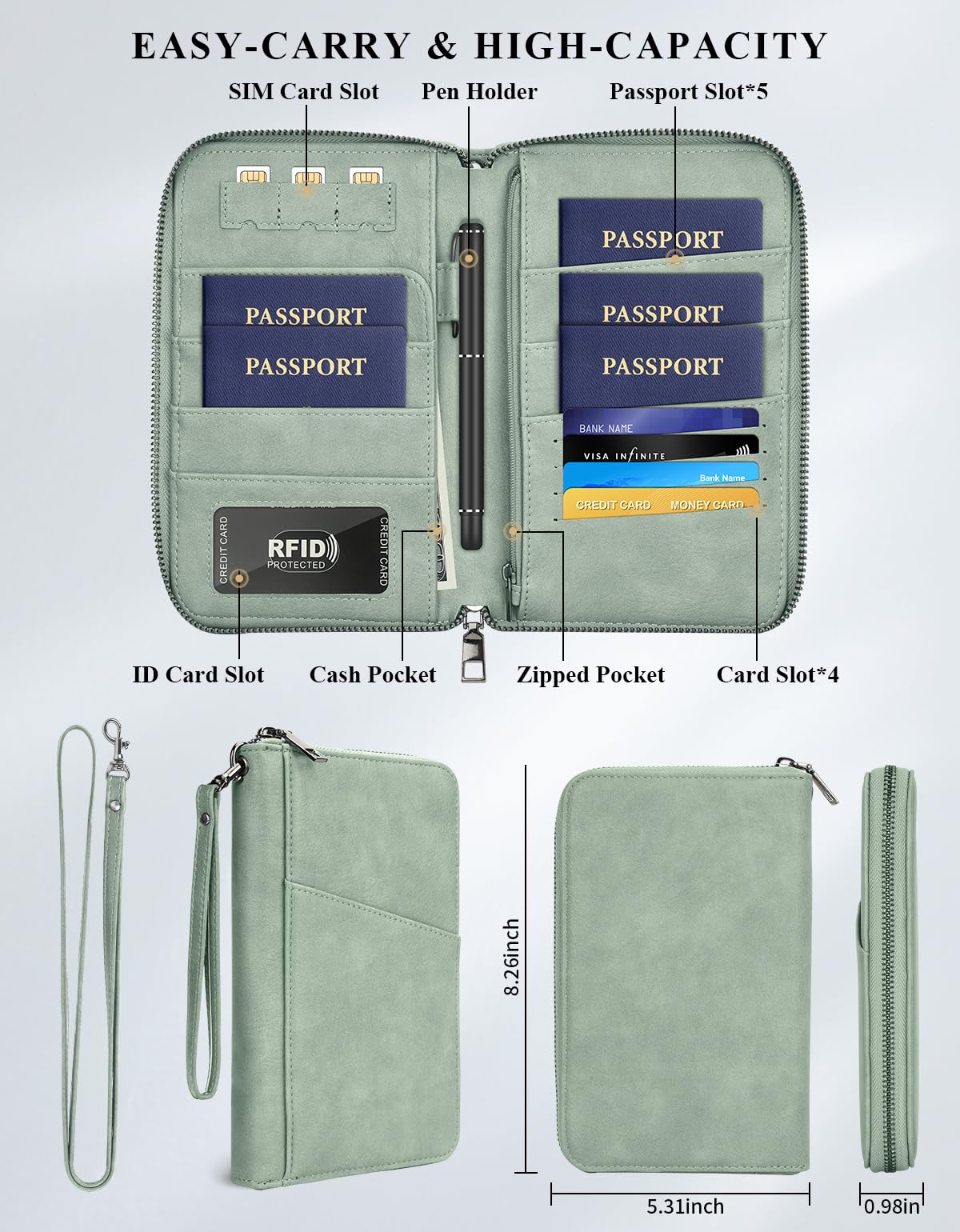 Family Passport Holder Wallet RFID Travel Document Organizer for Women Men, Portable Case Cover for Cards, Boarding Pass with Wrist & Neck Double Strap, Travel Gifts (Sage Green, 1pack)