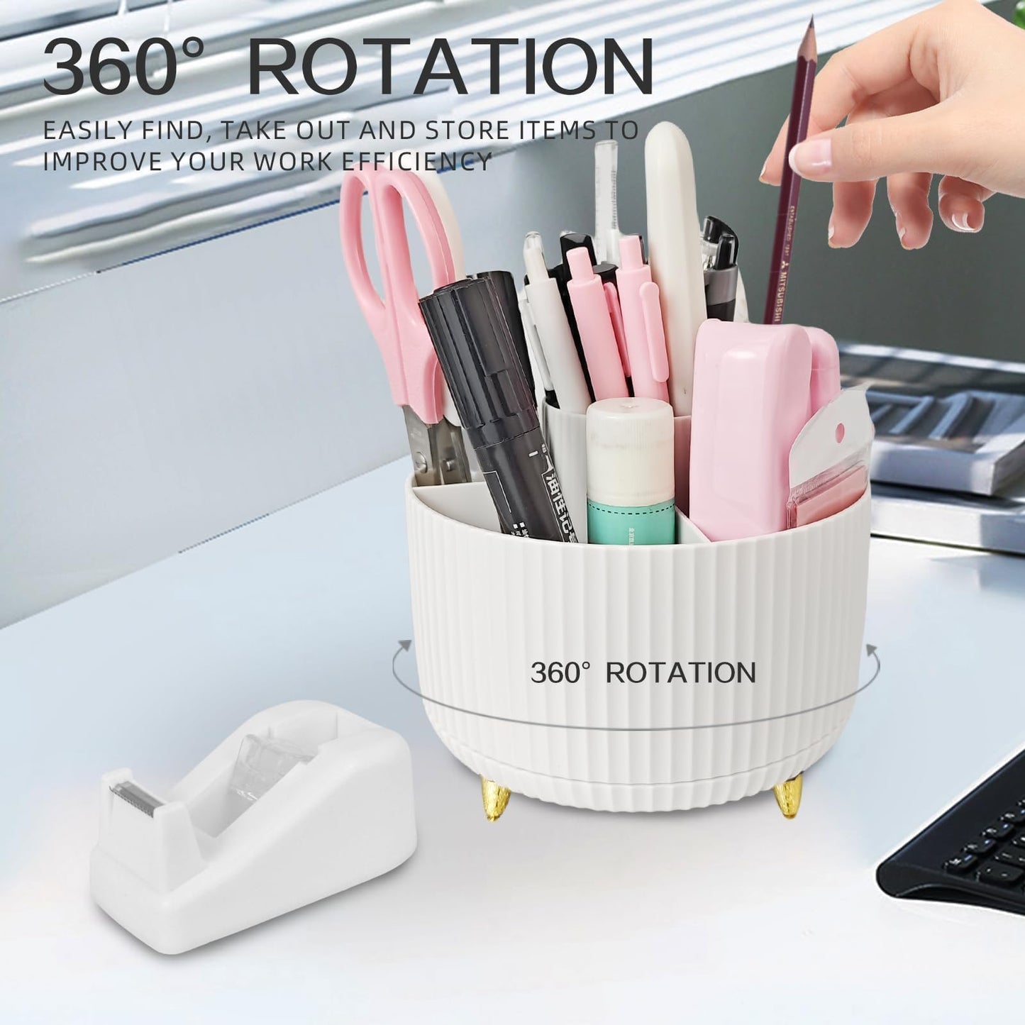 Ovatt White Desk Organizer Set - 15-Piece Office Supplies with 360° Rotating Pen Holder, Stapler, Tape Dispenser & Clips for Home Office