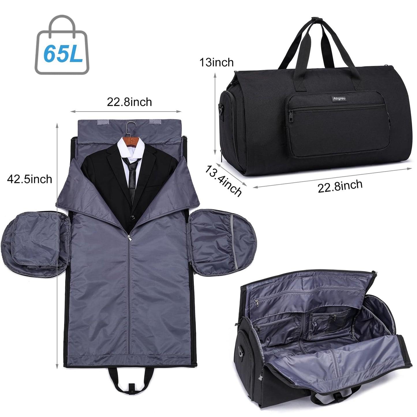 Convertible Duffle Bags for Men, Garment Bag for Travel, Carry on Garment Duffel Bag with Shoe Compartment, 2 in 1 Hanging Dress Suitcase Suit Travel Bags, Black