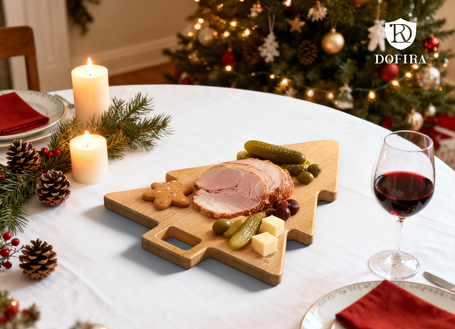 Dofira Acacia Wood Christmas Tree Cutting Board 15x12 Inch Charcuterie Board with Handle, Xmas Cheese Appetizer Tray, Wooden Decorative Serving Platter for Holiday Kitchen Party