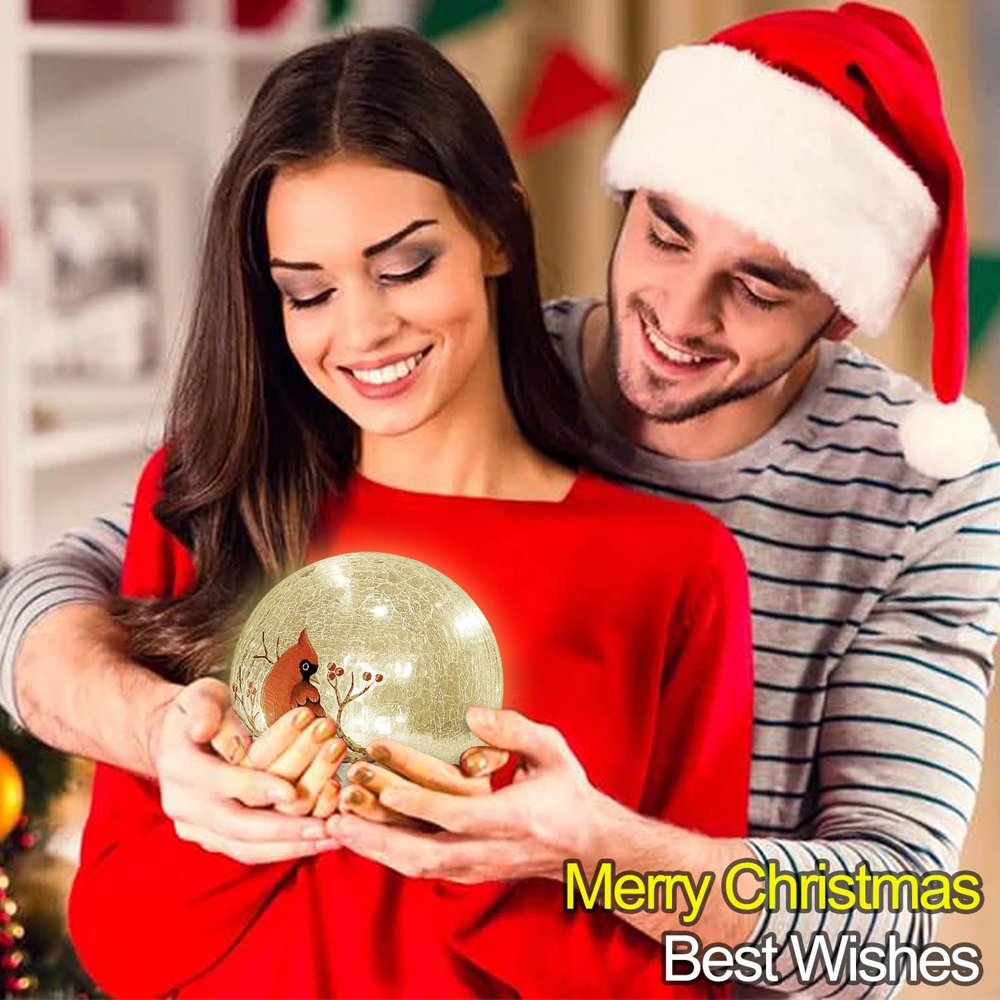 Crackle Glass Cardinal Lamp Battery Operated Globe Lamp for Women Stylish Cardinal Decor Ornaments Red Bird Pattern Stained Glass Mother's Day Gifts 2 Pack (6in & 5 in) (No Timer)