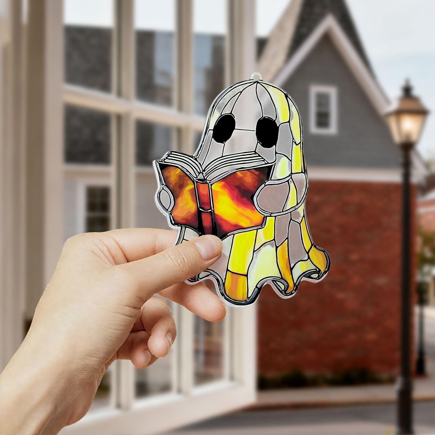 Ghost Reading Ornament Acrylic Suncatcher Window Hanging Wall Decor for Indoor Outdoor Doors Home