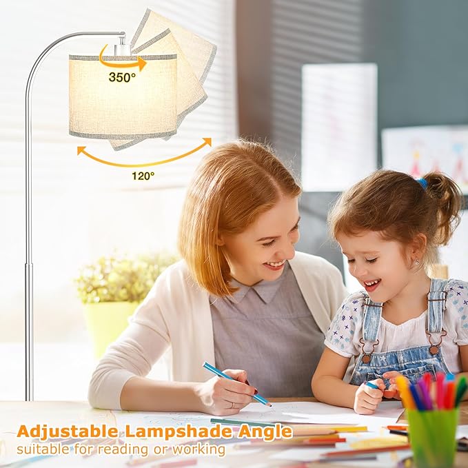 Arc Floor Lamp with Remote and Stepless Dimmable Bulb, Colors Temperature & Brightness Adjustable, Floor Lamps for Living Room（Grey Shade & Silver Pole）