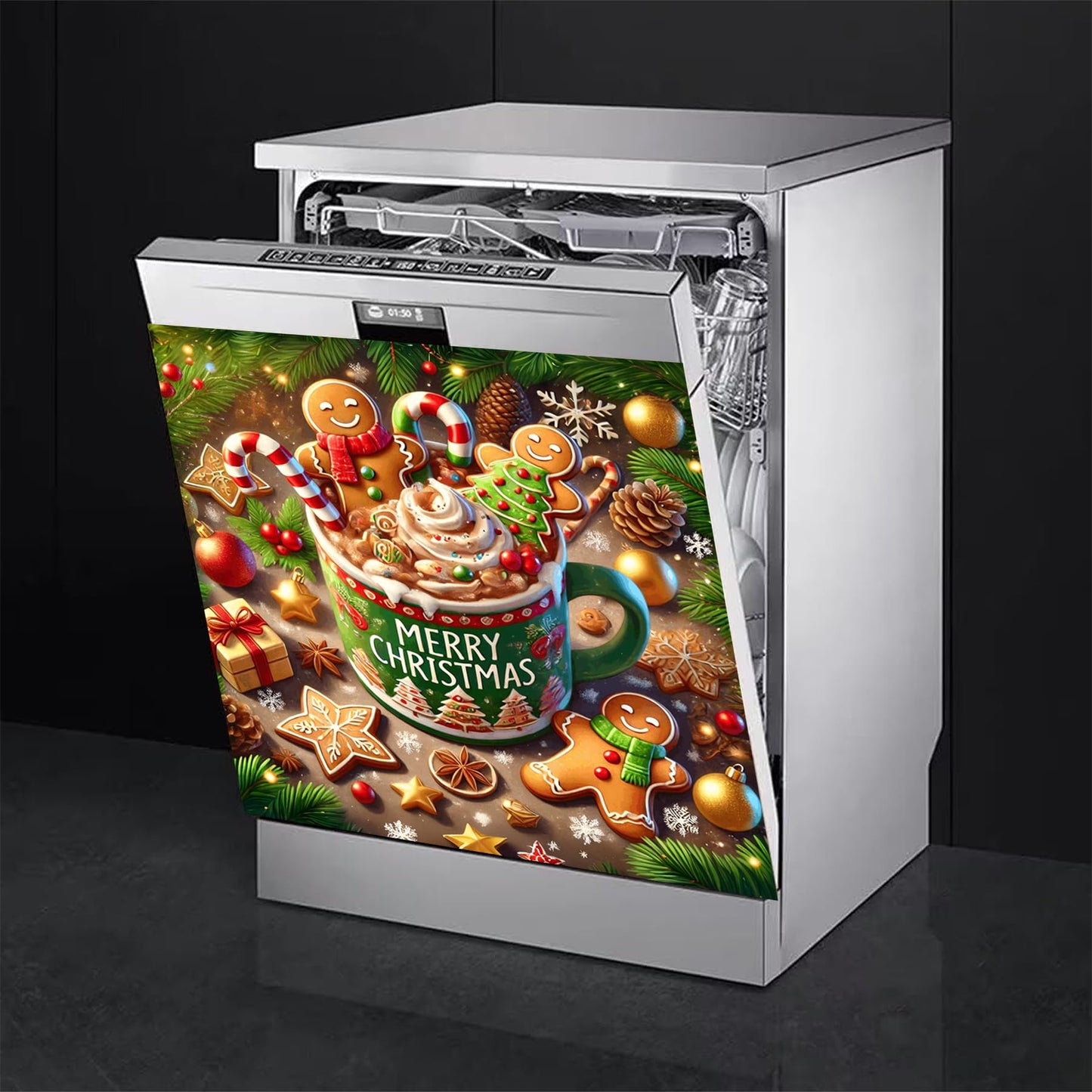 BVBOX Christmas Dishwasher Magnet Cover 23"x26", Reusable Magnetic Refrigerator Covers, Dishwasher Magnets Decorative Cover Fridge Door Skin Panel Stickers (Gingerbread Man Cocoa)