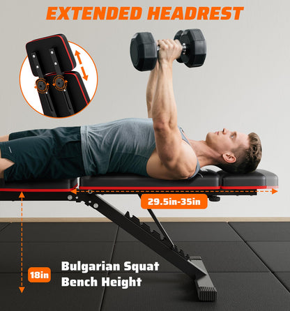 Foldable Adjustable Weight Bench with Leg Extension & Preacher Pad for Home Gym, Bench Press for Full Body Workout with Leg Developer, 900Lbs Capacity & Space-Saving Design