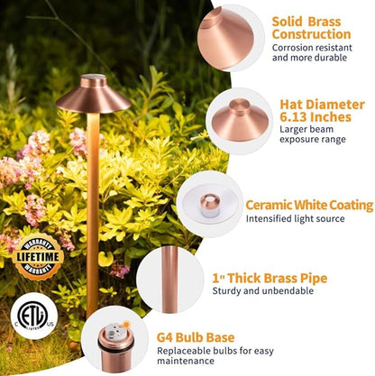 Gardenreet Brass Landscape Lighting Low Voltage, 12V AC/DC Waterproof LED Outdoor Copper Path Lights(Hat) for Sideway Garden with 3W G4 Bulb 2700K(10 Pack)