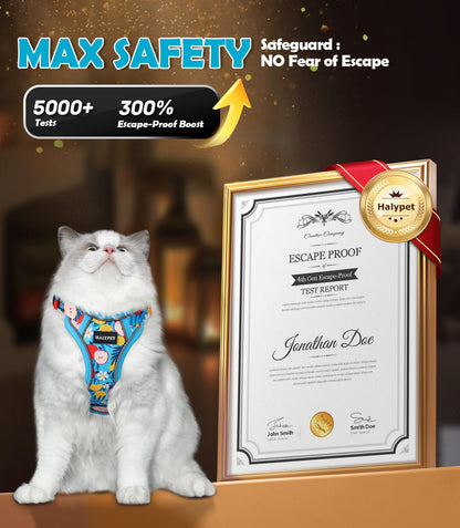 Halypet Cat Harness and Leash Set[MAX Safety 4th-Gen] Cute Escape Proof Vest Harness for Girl&Boy Cat Walking, Comfortable Adjustable Leash and Reflective Strips for Outdoor Kitten, S Azure Floral