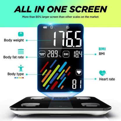 RunStar Smart Scale for Body Weight and Fat Percentage, High Accuracy Digital Bathroom Scale with Large Display for BMI Heart Rate 22 Body Composition Analyzer Sync with Fitness App 400lb