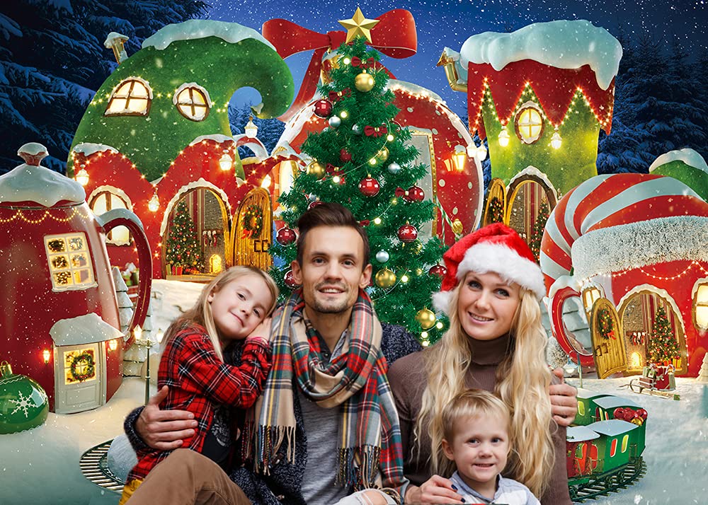 Cartoon Christmas Village Photography Backdrop Winter Snow Pine Tree Background Xmas Fairy Tale Animated Kid Party Photo Booth Banner Supplies (10x8)
