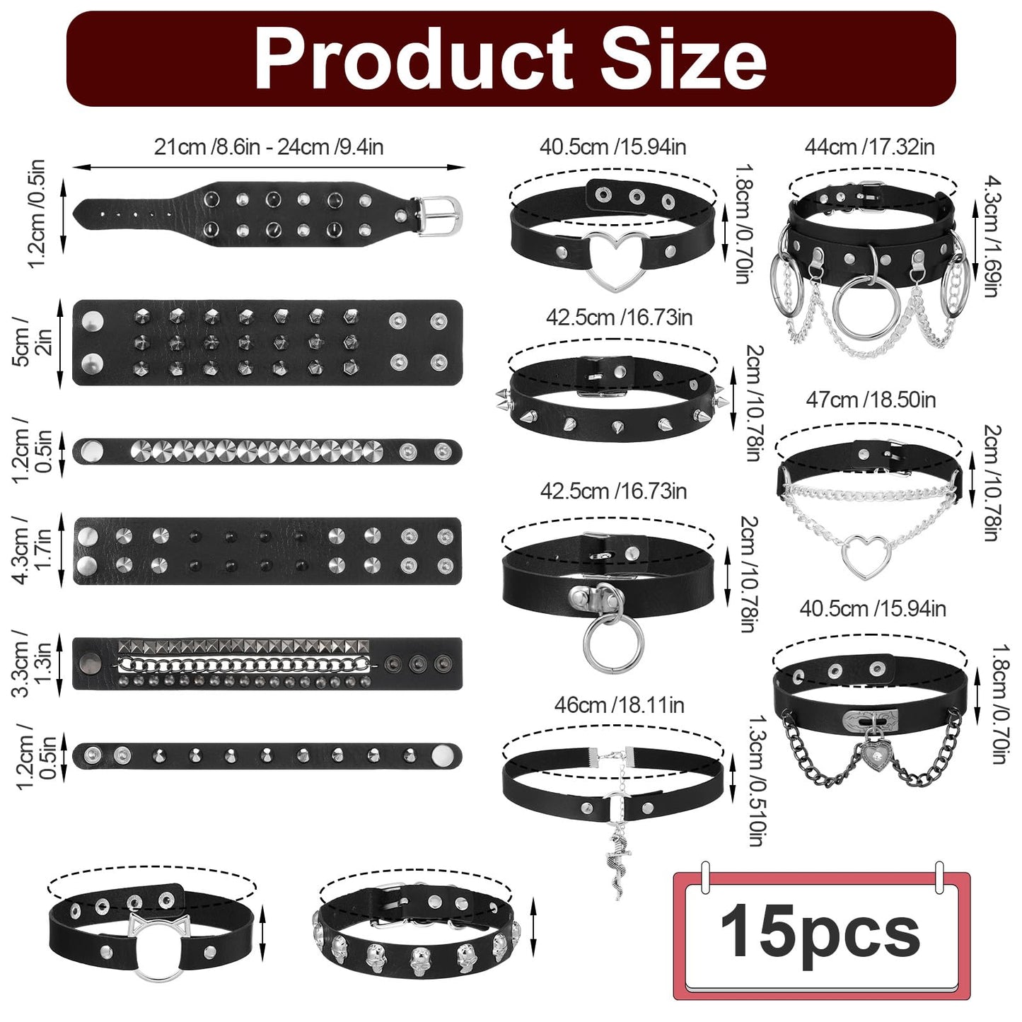 Afcabakila Black Punk Goth Choker Necklace & Spiked Studded Bracelets Set, 9 Adjustable PU Leather Collars & 6 Rivet Spiked Cuffs, Gothic Rock Metal Wristband for Daily Wear Cosplay Festival