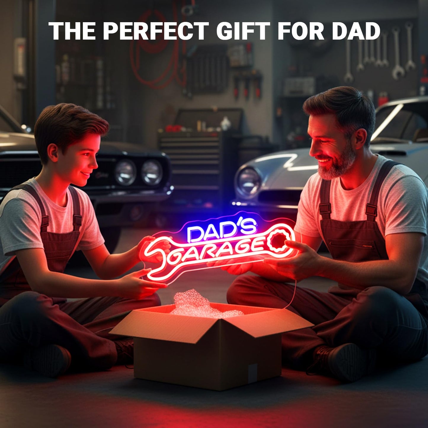 Dad’s Garage Neon Sign, LED Garages Wall Decor for Man Cave Workshop, Gifts for Husband Dad Father Men, Red Blue