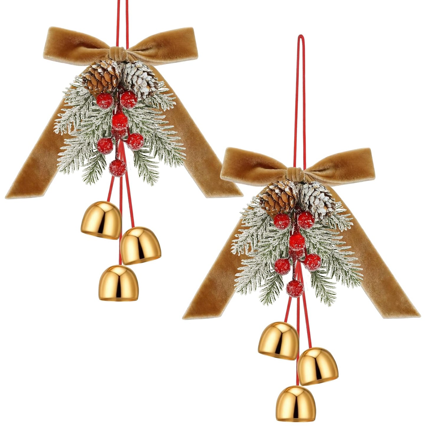 2 Pcs Christmas Jingle Bell with Neutral Velvet Ribbon Bows and Pine Cone Hanging Ornament Christmas Door Knob Hangers Tree Topper Wall Wreath Decoration for Cabinet Door Handle Knob Party Decor