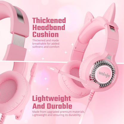 UNIOJO Pink Gaming Headset Noise-Canceling Mic, Wired Over-Cat Ear Headphones, Surround Sound, LED Breathing Light, Memory Foam Ear Pads, for Xbox Series, PS5, PS4, Switch, PC, Mobile