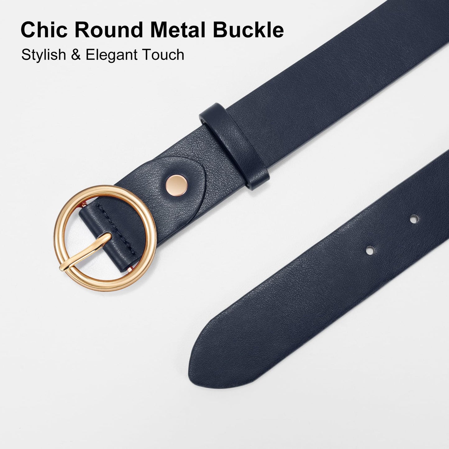 XZQTIVE Women Leather Belt with Circle Gold Buckle Fashion Ladies Waist Belt for Jeans Pants Dresses，Navy