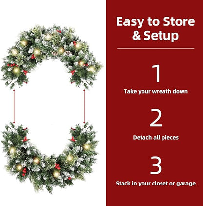 24 Inch Christmas Wreaths for Front Door with Lights,Lighted Artificial Flowering Pine Door Wreath,Prelit Faux Green Winter Wreath with Pine Cones and Red Berry for Indoor Outdoor Decor