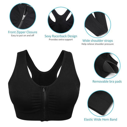 Women's Zip Front Sports Bra Wireless Post-Surgery Bra Front Zipper Surgical Sports Bras Racerback Yoga Bra Workout Running Fitness Compression Bras 3 Pack (Large, 3 Pack(Black+Flesh+Light Purple))