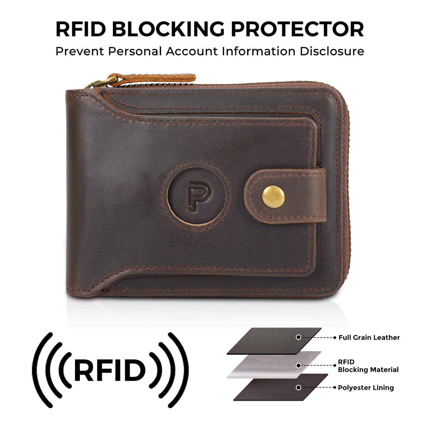 Polare Full Grain Leather Wallet for Men Bifold RFID Blocking Cash Credit Card Case with Air Tag Slot and YKK Zip Coin Pocket (Dark Brown with AirTag Slot)