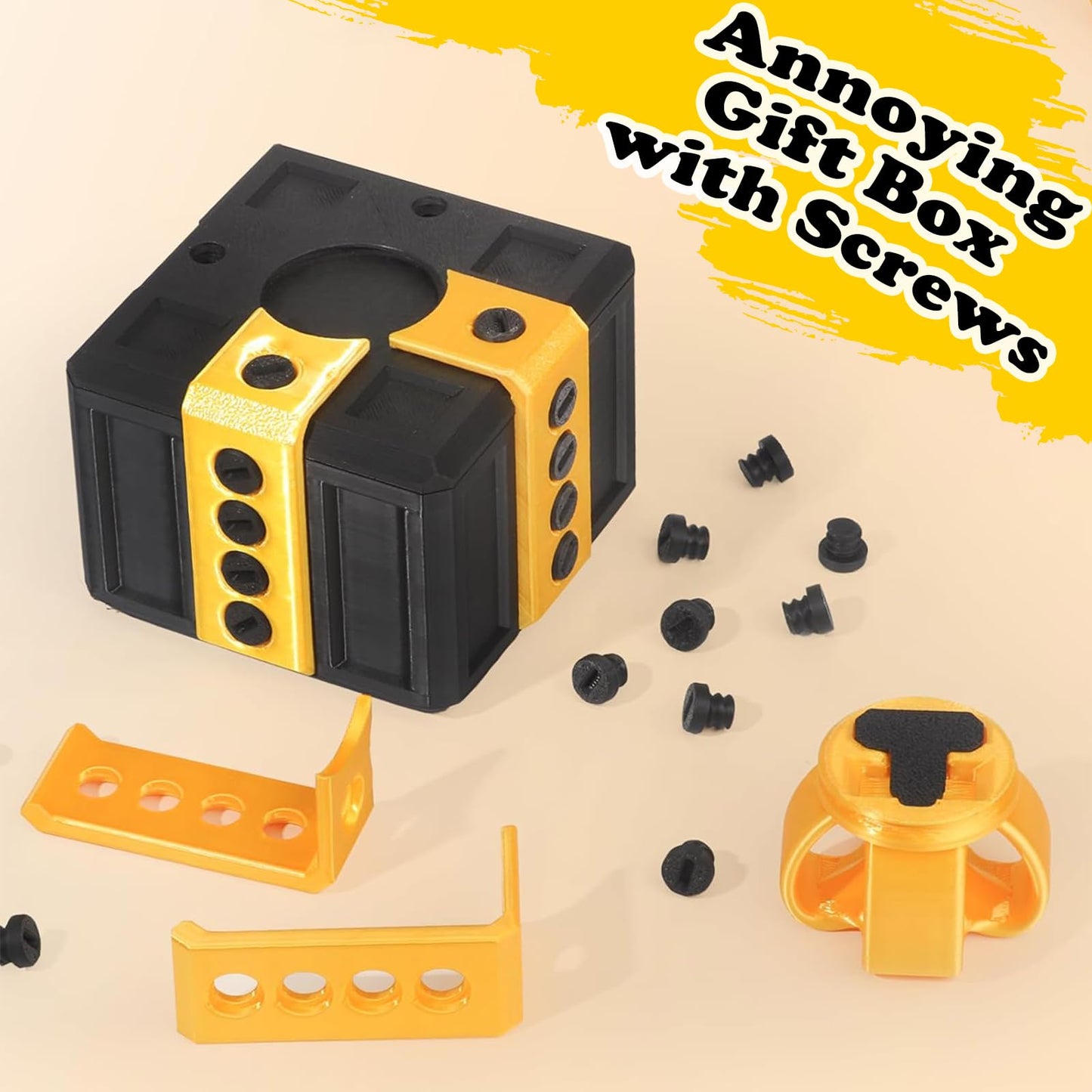 Annoying Gift Box with Screws, Annoying Present Prank Screw Box, Money Card Container Novelty Box, Take Apart Surprise Funny (Black-Yellow)