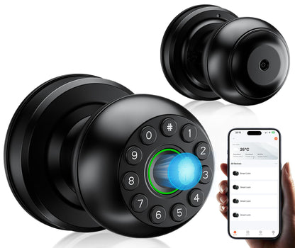 Pulido Fingerprint Door Lock | App Available But Not Required | Keypad Door Knob with Real Buttons | Smart Fingerprint Door Knob for Bedroom, Office, Apartment