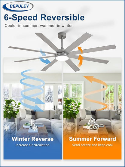 Depuley 72" Ceiling Fans with Lights: Large Indoor/Outdoor Ceiling Fan for Patios Living Room - 8 Blades Silver Dimmable Ceiling Fans with Remote APP Control Timer Reversible Quiet DC Motor 6 Speeds