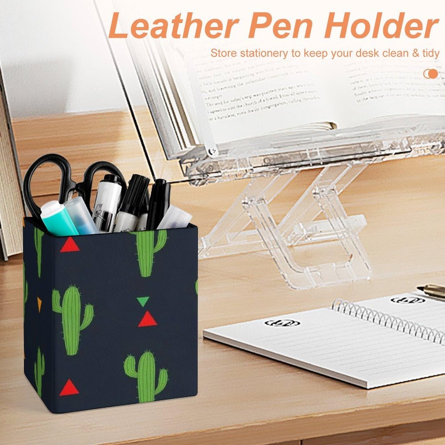 UTRSIFB Holder Cup Makeup Brush Storage Organizer, Waterproof Multifunctional Office Supplies, Pen Holder Square Leather Pencil Cactus Art