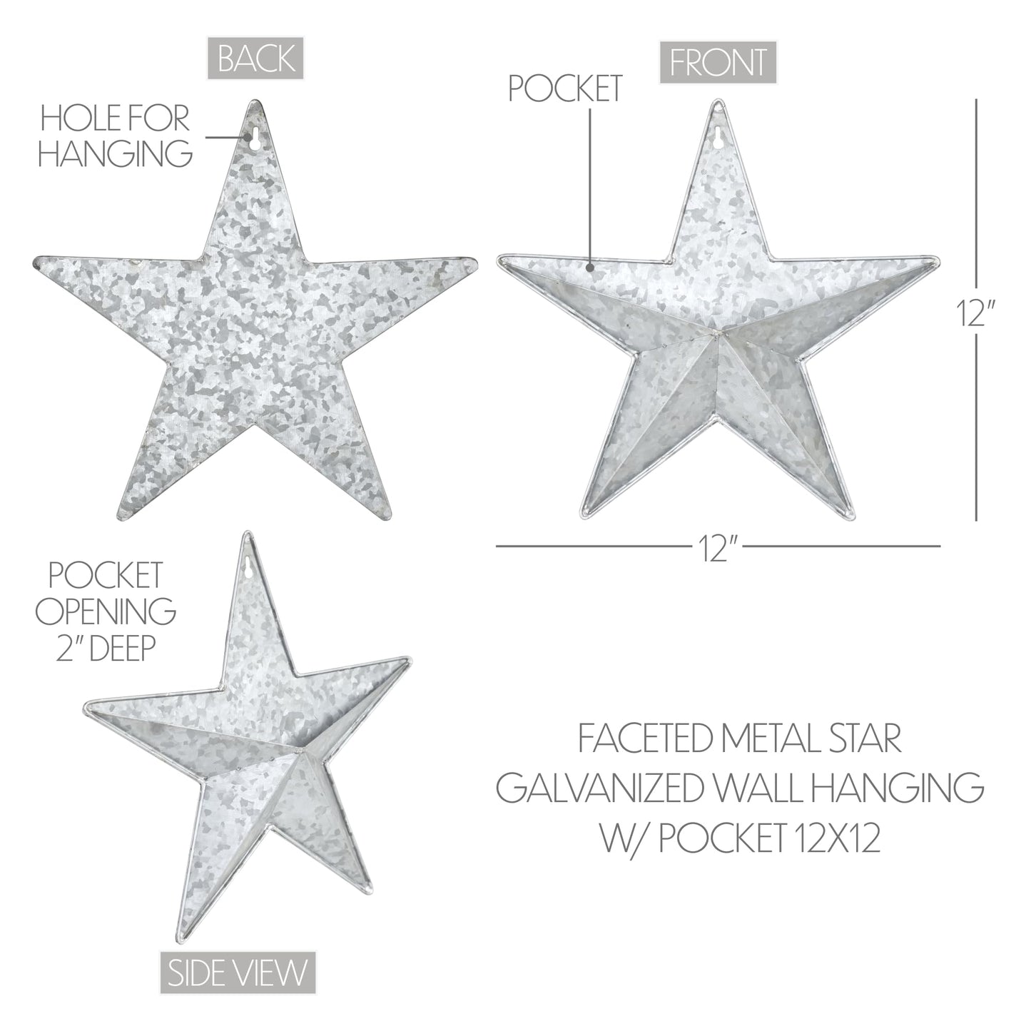 VHC Brands Patriotic Faceted Metal Star Galvanized Wall Hanging w/Pocket 12x12, Independence Day Decor, American Star with display pocket, Distressed Appearance Wall Hanging, Grey