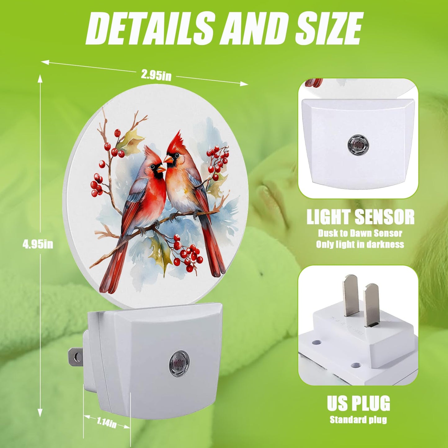 COSHARKLY Red Cardinal Bird Night Light,Christmas Plug-in Night Lights with Dusk-to-Dawn Sensor for Bedroom Bathroom and Living Room Sleep Friendly lamp