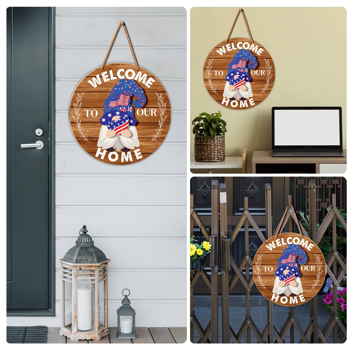 Interchangeable Gnome Welcome Sign Summer Patriotic 4th of July Door Wreath for Home, Gnomes Front Porch Decor Seasonal Wall Hanging Wood Wreath for Spring Fall Winter All Seasons Holiday, Caramel
