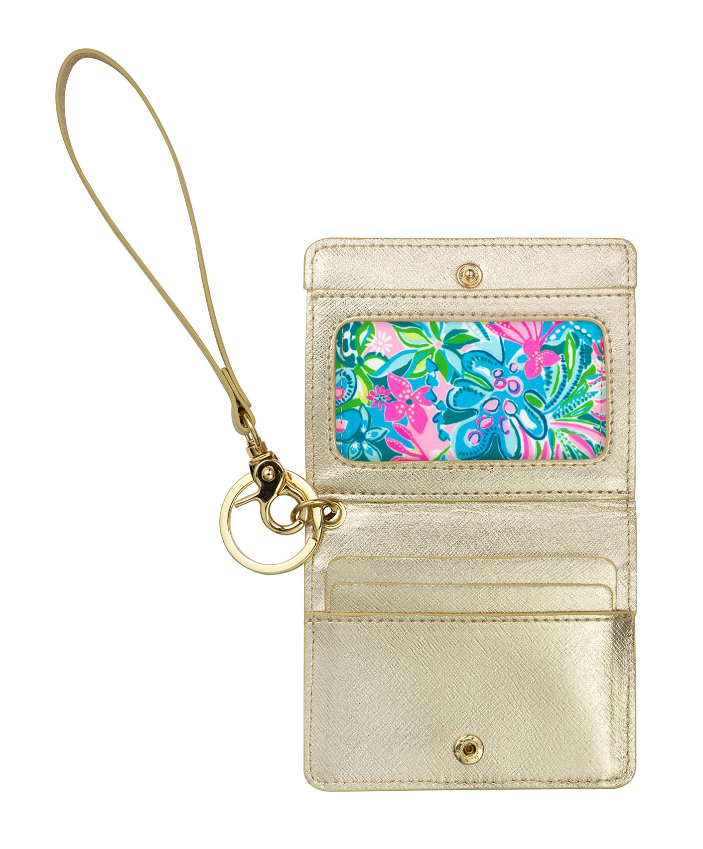Lilly Pulitzer Snap ID Card Case, Cute Blue Keychain Wallet, Slim Credit Card Holder with Wristlet Strap, Golden Hour