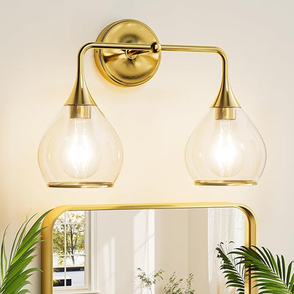 TETOTE 2-Light Modern Bathroom Light Fixtures, 2 Light Vanity Lights Over Mirror Gold Wall Lamp with Clear Glass for Bathroom, Mirror, Living Room, Bedroom, Hallway