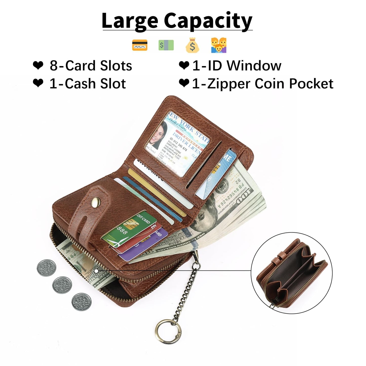GOIACII Wallets for Women RFID Blocking Soft Leather Coin Purse Bifold Small Credit Card Holder Brown