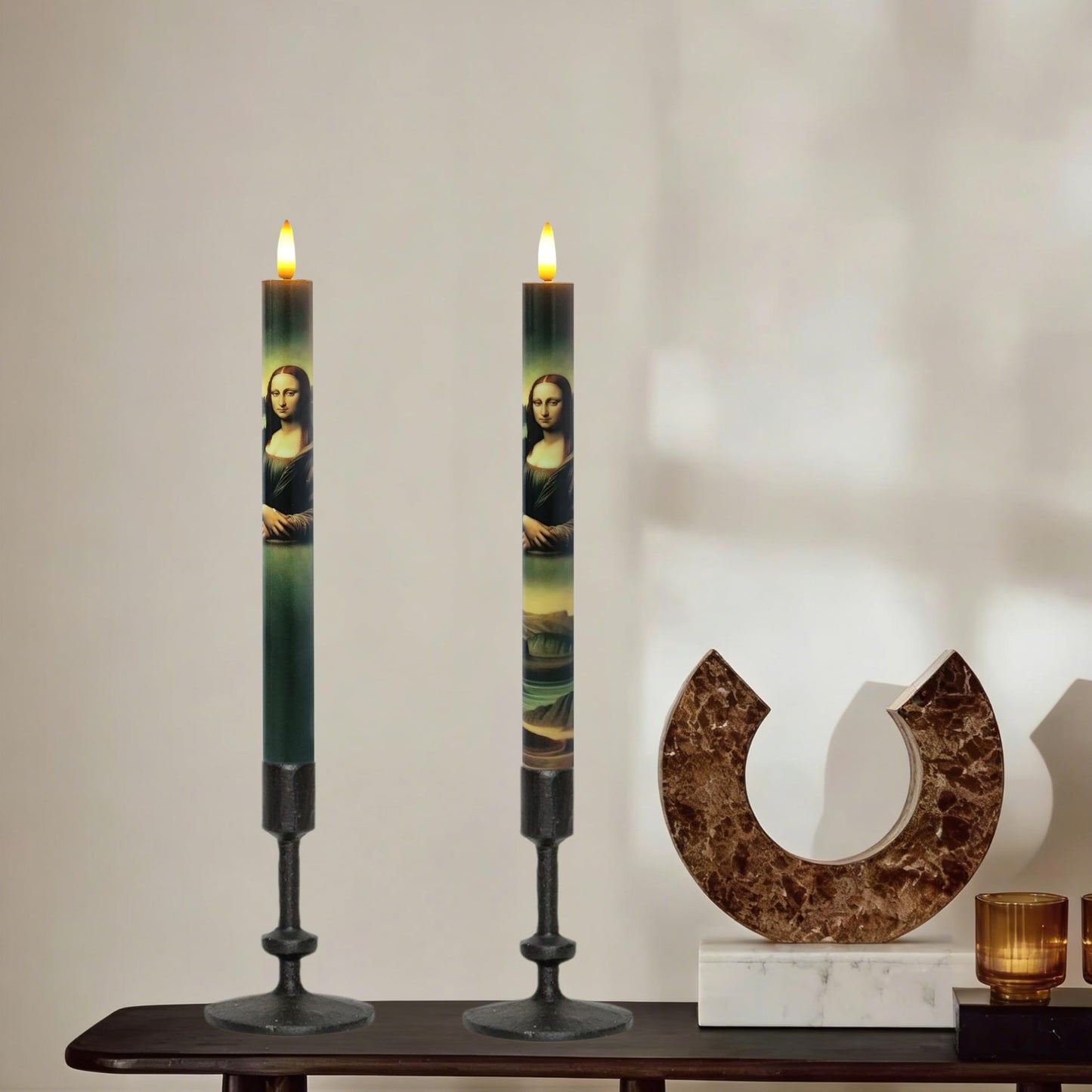 Mona Lisa Flameless Taper Candles - 10 Inch Set of 2 with Remote, Da Vinci Art Print LED Candles, Battery Operated Decorative Candles for Artistic Home Decor for Living Room, Study, Art Lover Gift