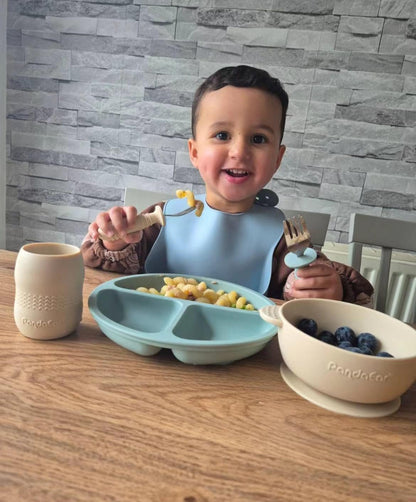 PandaEar Silicone Baby Feeding Set| 2 Divided Suction Plate + 2 Suction Bowl + 2 Tiny Cup with 2 Spoons| Baby Led Weaning Supplies Self Feeding Utensils (Blue White)